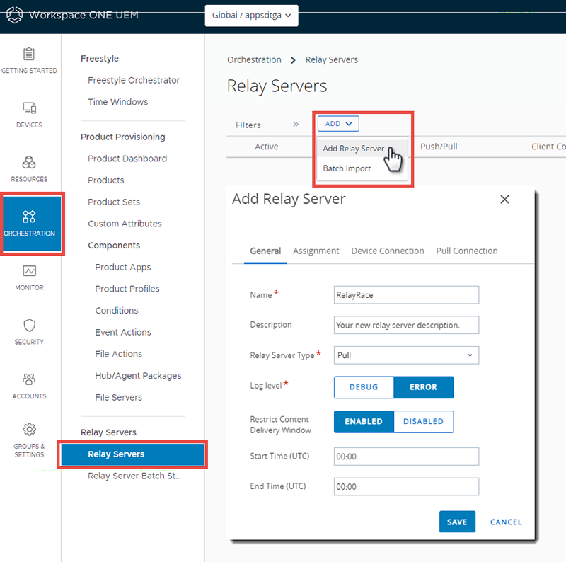 This screenshot shows the Add Relay Server screen and the click path to get there.
