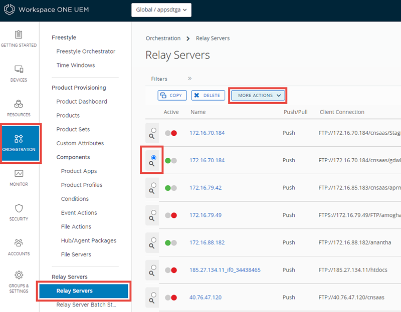 This screenshot shows the relay servers list view and where to go to view the server queue.