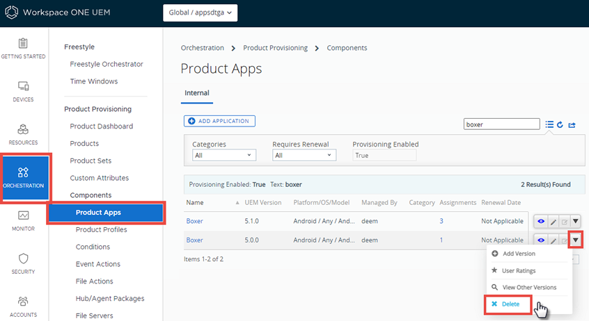 This screenshot shows the Applications Component screen and the click path you take to delet the old version of an app.