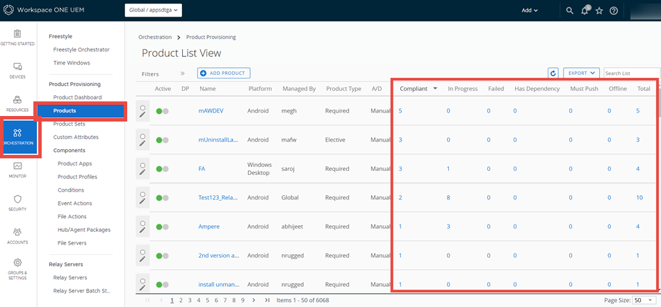 This screenshot displays the Provisioned Product List View, which enables you to create new products from existing components, edit existing products, see which devices have been provisioned with specific products, and more.