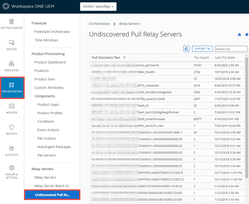 This screenshot shows the Undiscovered Pull Relay Server List View.