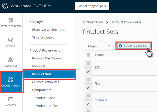 This screenshot shows the Product Sets list view, where you can add new product sets.