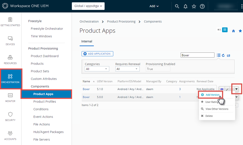 This screenshot shows the Applications Component screen and the click path you take to add a new version of an app.