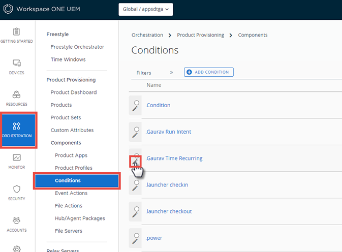 This screenshot shows the Conditions screen with the Edit icon highlighted.