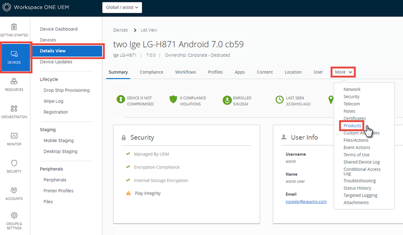 This screenshot shows the Device Details View, with the More tab selected and visible.