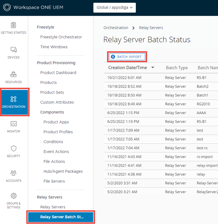 This screenshot shows the Batch Status screen and highlights the Batch Import button.