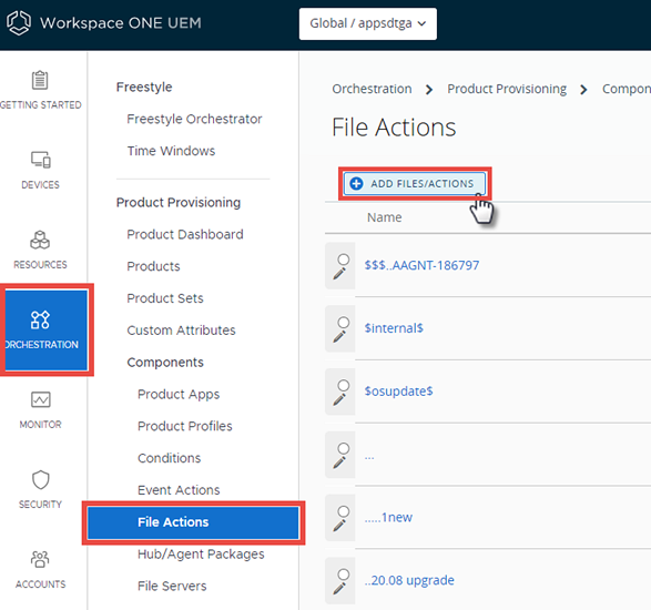 This screenshot shows the Files-Actions Component screen with the Add button highlighted. This screenshot shows the Files-Actions Component screen with the Add button highlighted.