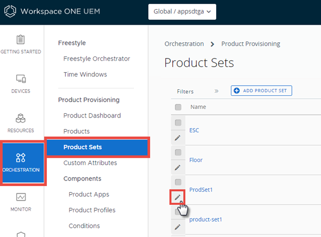 This screenshot shows the Product Sets list view, with the edit icon highlighted.