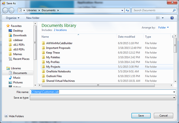 This screenshot is the Save As screen, saving your CAB file to a location on your computer.