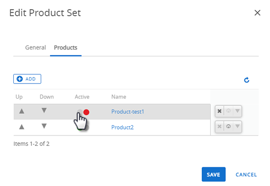 This screenshot shows the Edit Product Set screen, with a deactivated product.