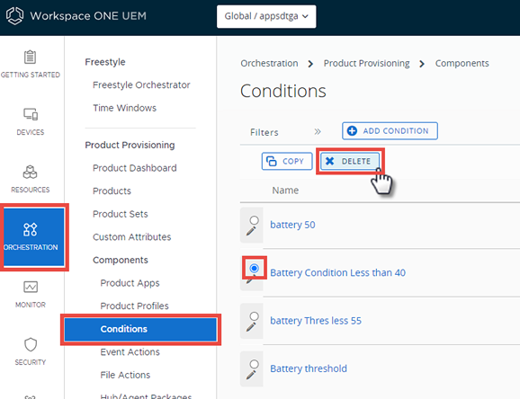 This screenshot shows the Conditions screen with the Delete button highlighted.