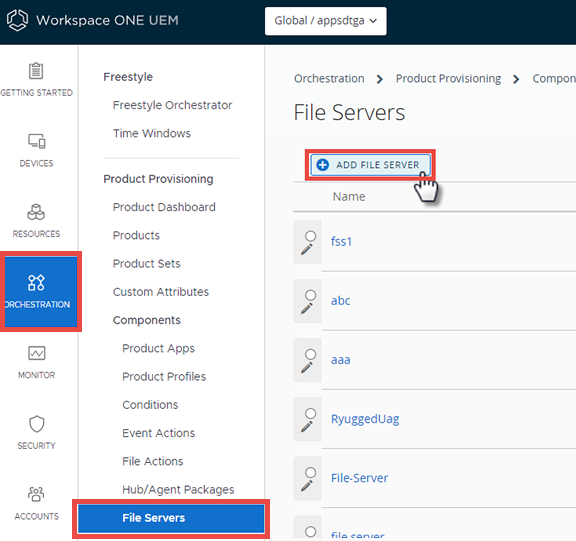 This screenshot shows the File Servers screen and the path that takes you there. This screenshot shows the File Servers screen and the path that takes you there.