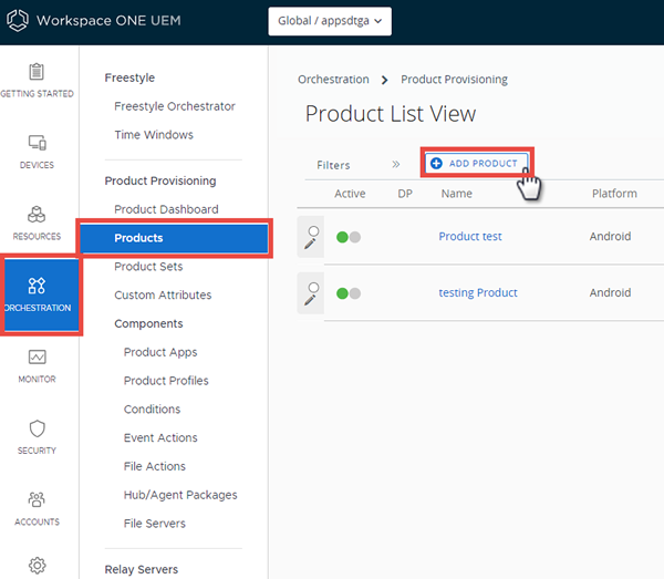 This screenshot shows the Product List View with the Add Product button highlighted. This screenshot shows the Product List View with the Add Product button highlighted.
