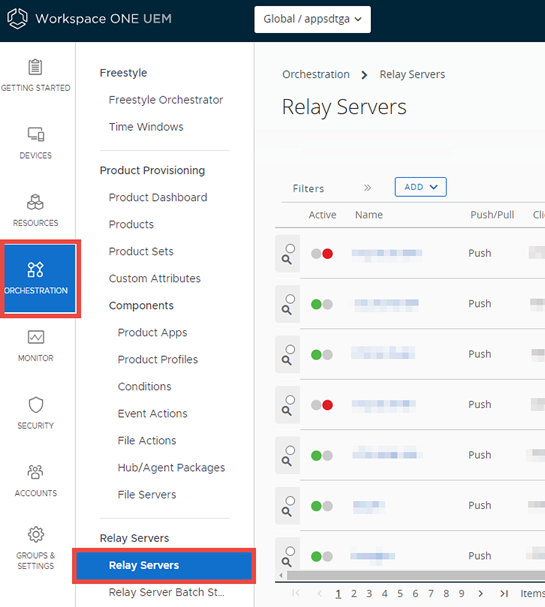 This screeshot shows the Relay Service List View.