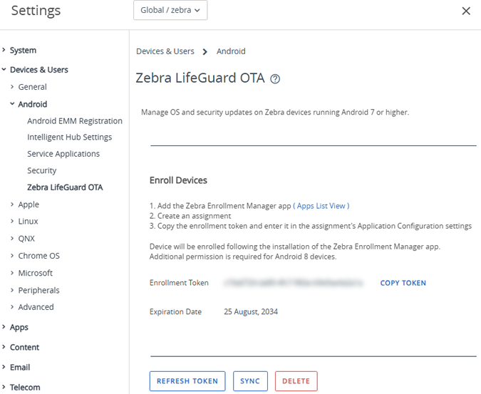 this screenshot shows the Zebra Lifeguard OTA settings in UEM for a customer OG that has been freshly authorized.