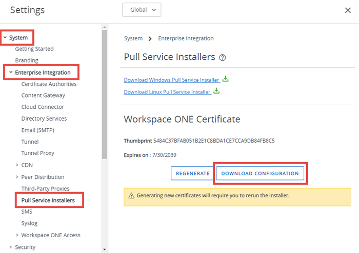 This screenshot shows where in the System Settings you must go to download the pull service configuration.