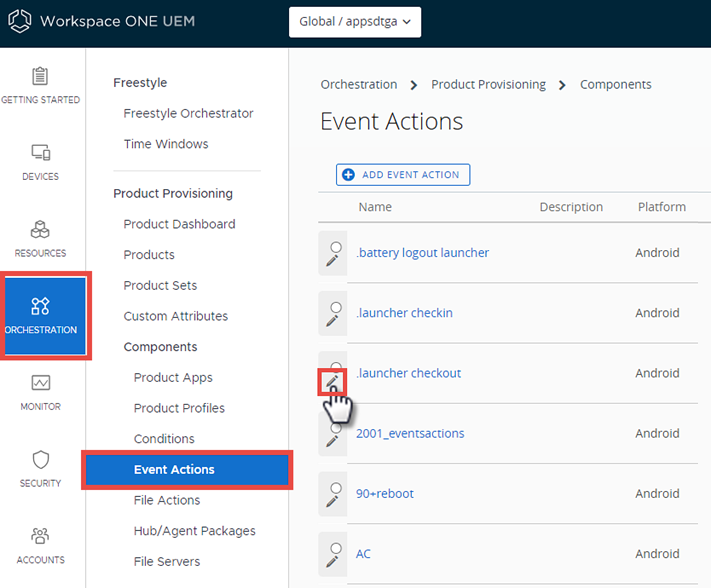 This screenshot shows the Event Actions screen with the Edit icon highlighted. This screenshot shows the Event Actions screen with the Edit icon highlighted.