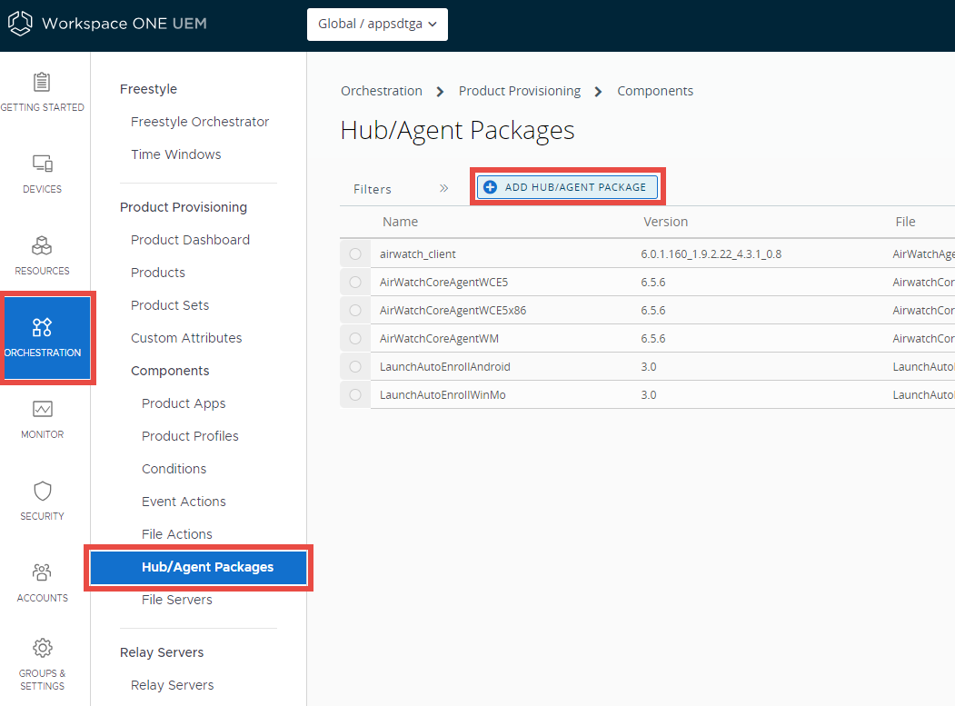 This screenshot shows the Hub/Agent Packages Screen with the Add Hub/Agent Package button highlighted. This screenshot shows the Hub/Agent Packages Screen with the Add Hub/Agent Package button highlighted.