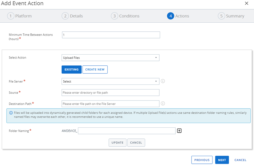 This screenshot shows the Add Event Action screen with options visible only when you have Upload Files or Download Files selected for Select Action.