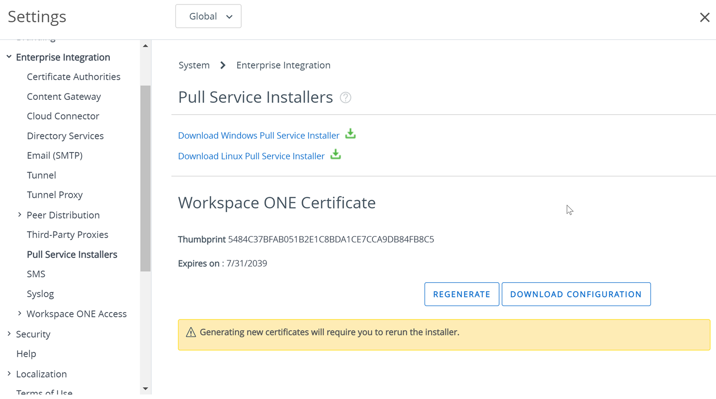 This screenshot displays what the setting page looks like when a certificate already exists, which enables the Download Configuration button.