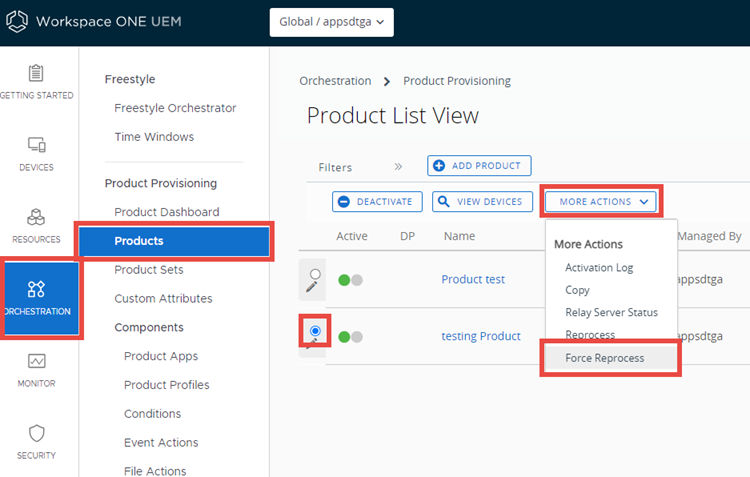 This screenshot shows the Product List View with the More Actions button selected and Force Reprocess option highlighted. This screenshot shows the Product List View with the More Actions button selected and Force Reprocess option highlighted.