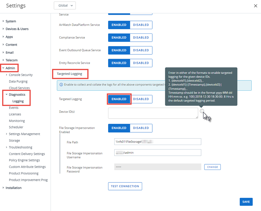 This screenshot shows the Logging page of System Settings, where you can specify Targeted Logging.