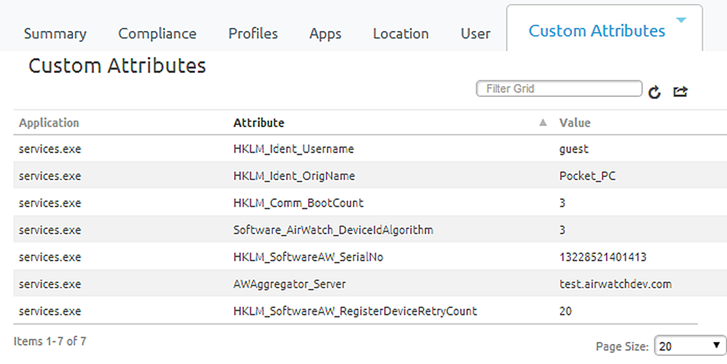 This screenshot shows a device details view of the Custom Attributes tab, showing all the custom attributes on the device, the app they are a part of, and their values. This screenshot shows a device details view of the Custom Attributes tab, showing all the custom attributes on the device, the app they are a part of, and their values.