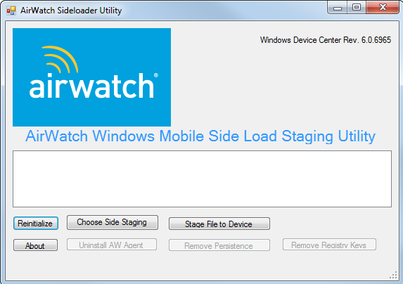 This screenshot shows the AirWatch Sideloader Utility after the device connects to your computer, enabling two buttons, Choose Side Staging and Stage File to Device. This screenshot shows the AirWatch Sideloader Utility after the device connects to your computer, enabling two buttons, Choose Side Staging and Stage File to Device.