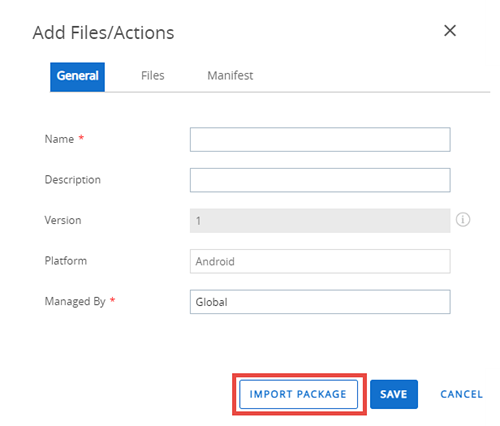 This screenshot shows the Add Files/Actions screen which is how you import MSP packages. This screenshot shows the Add Files/Actions screen which is how you import MSP packages.