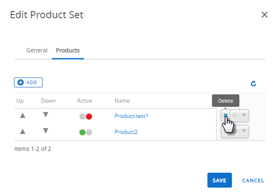 This screenshot shows the Edit Product Set screen, with the delete button highlighted.