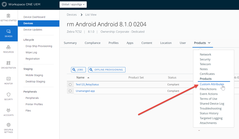 This screenshot displays the Details View for an Android device with a custom attribute.