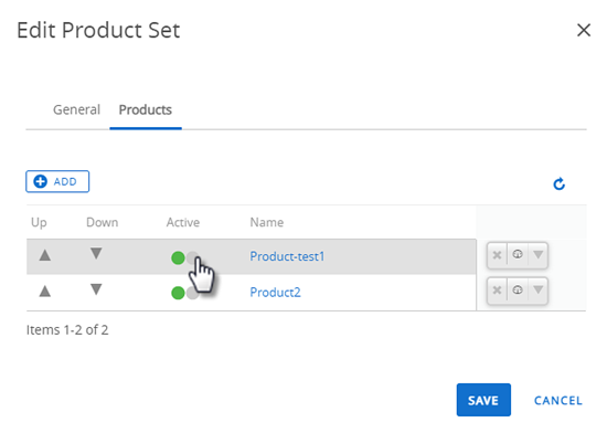 This screenshot shows the Edit Product Set screen, with an activated product.