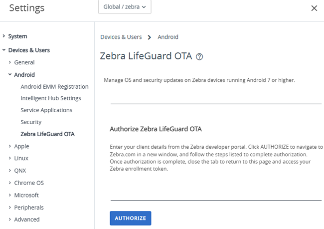 this screenshot shows the Zebra Lifeguard OTA settings in UEM for a customer OG that has not been authorized yet.