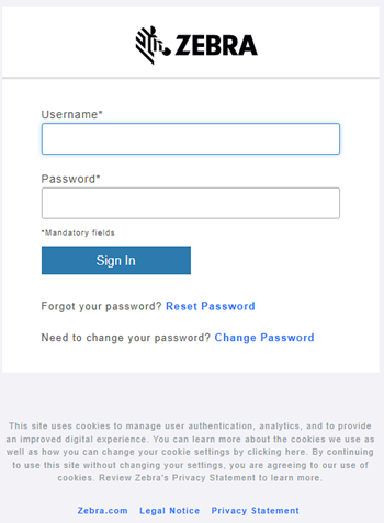 this screenshot shows the Zebra.com login screen. You must already have a username and password from Zebra.com