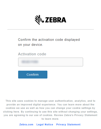 this screenshot shows the activation code from the Zebra.com login screen.