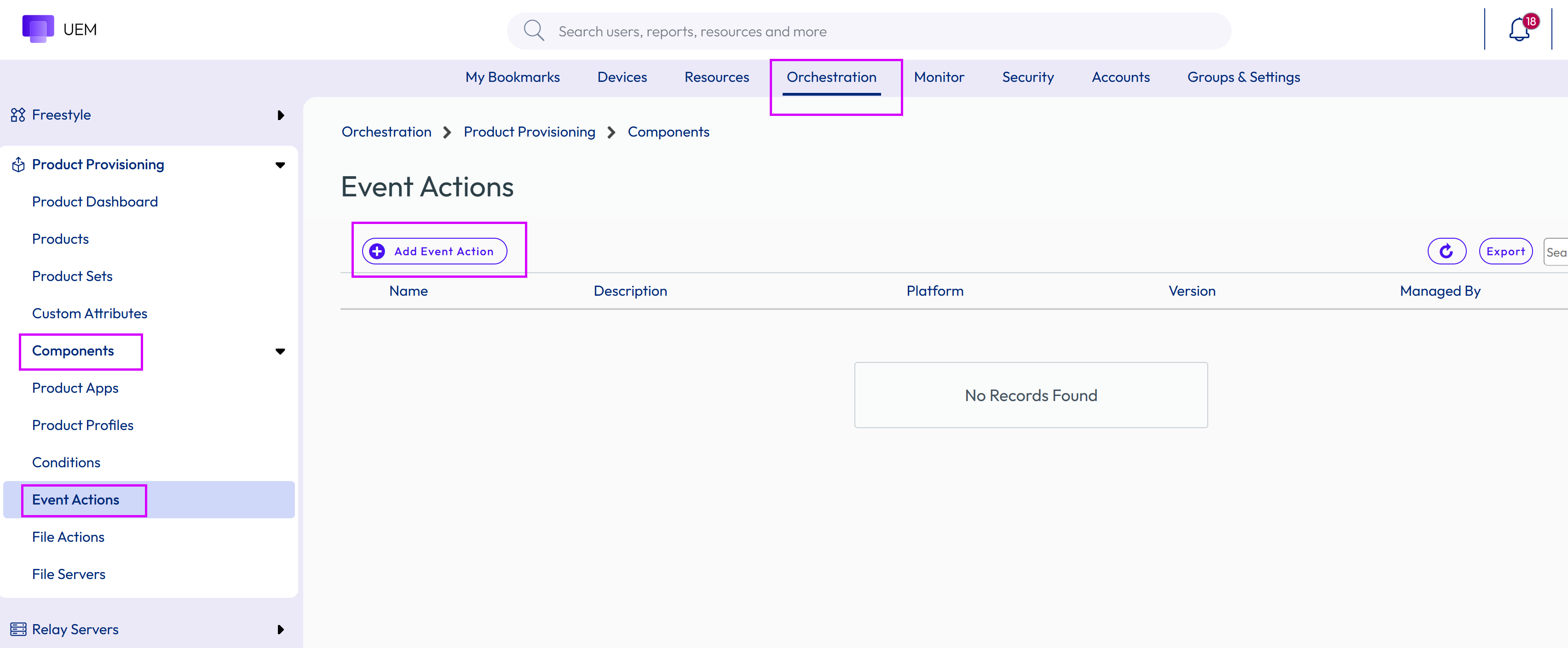 This screenshot shows the Event Actions screen and the path to get there.