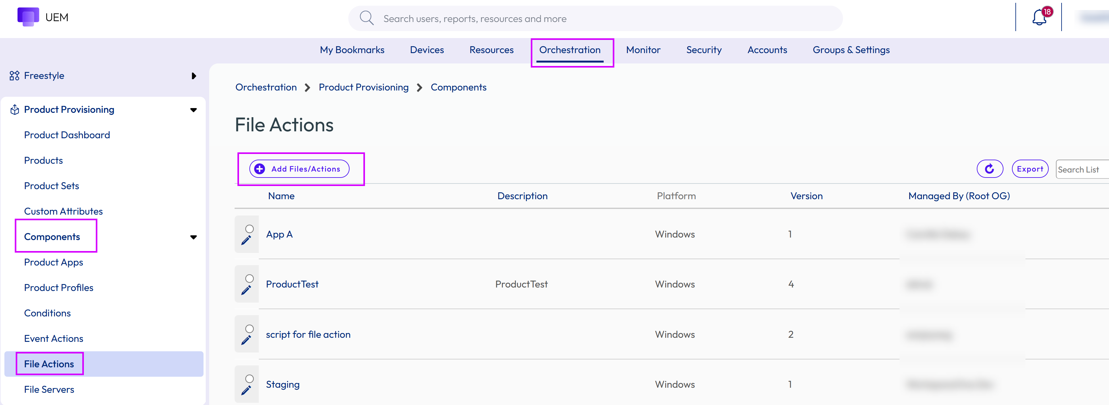 This screenshot shows the Files-Actions Component screen with the Add button highlighted.