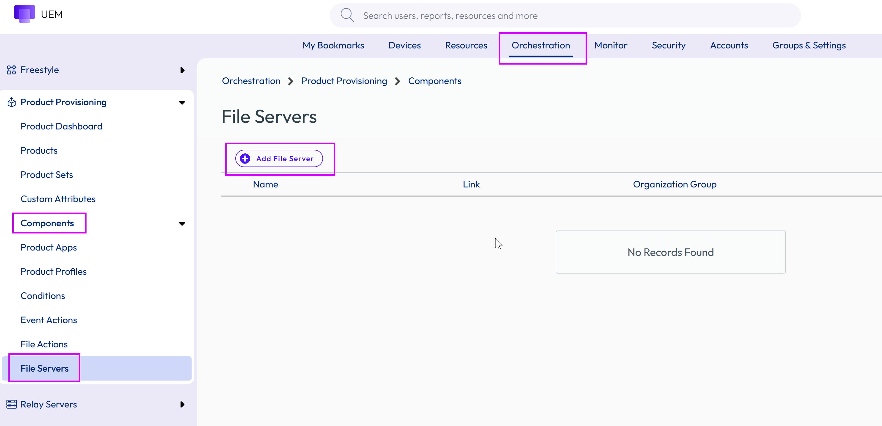 This screenshot shows the File Servers screen and the path that takes you there.