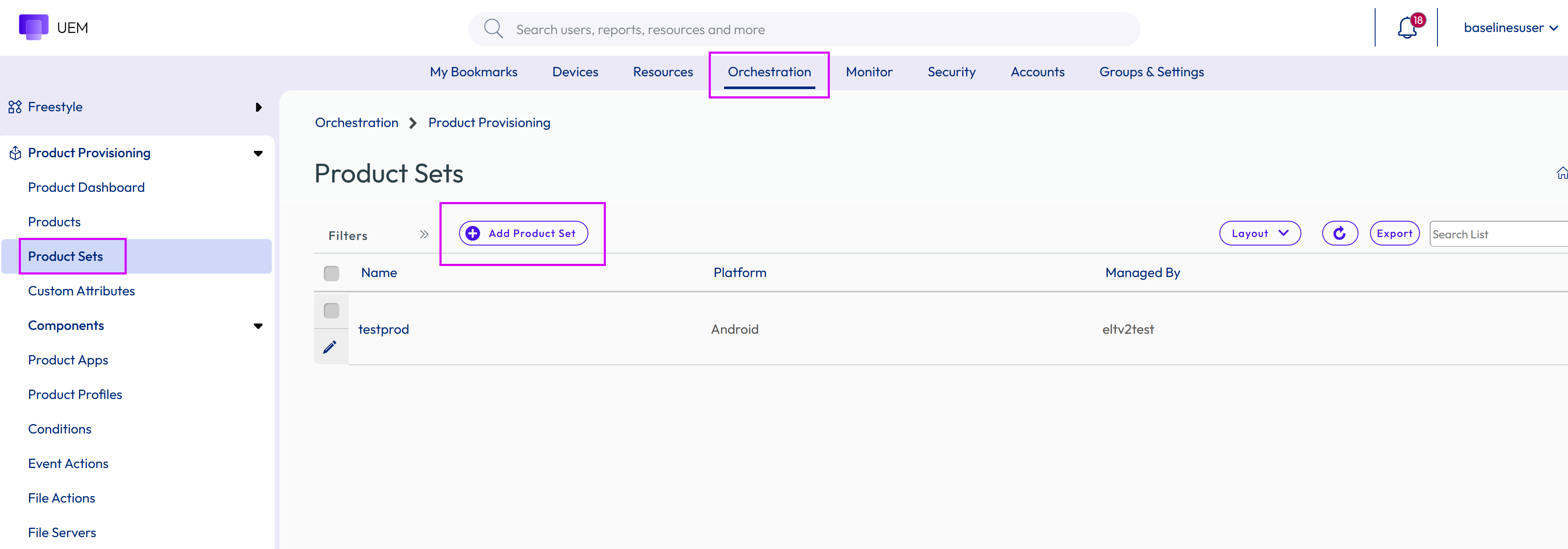 This screenshot shows the Product Sets list view, where you can add content to a product set.
