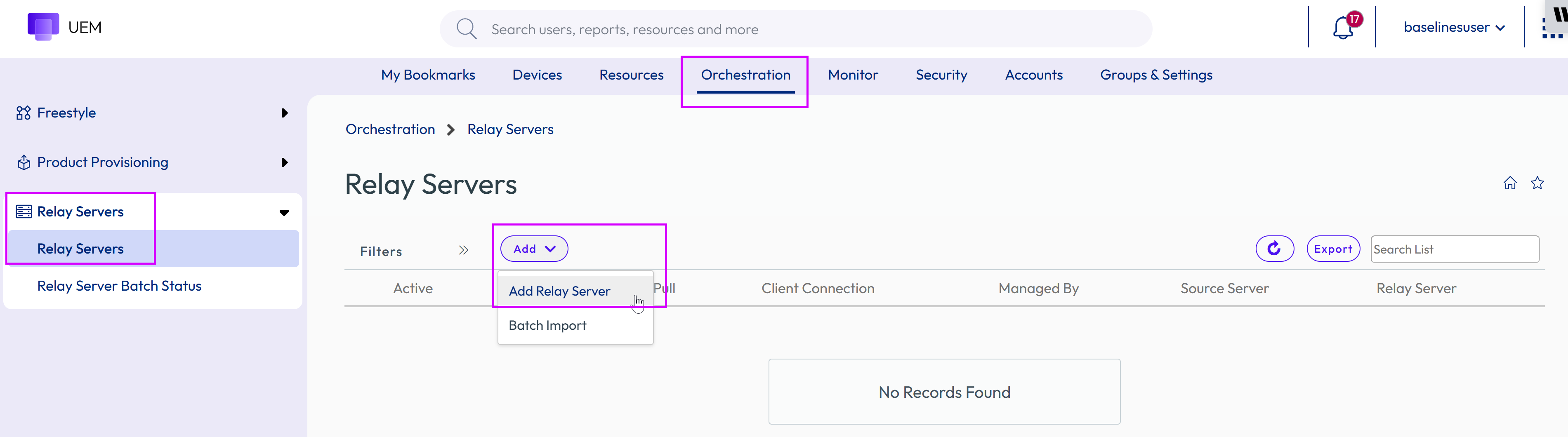 This screenshot shows the Relay Server List View.