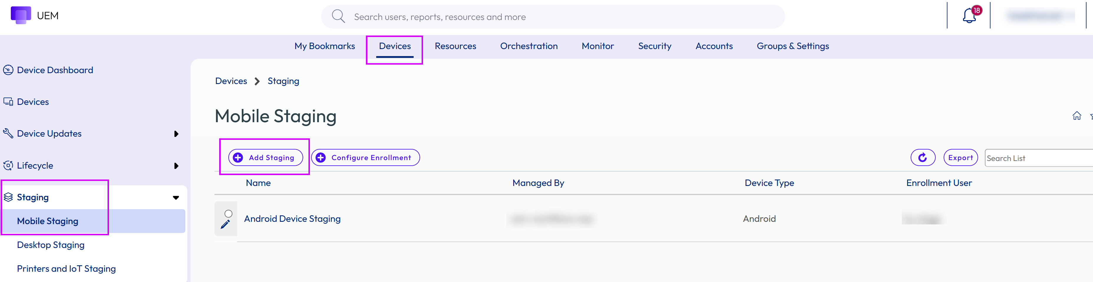 This screenshot shows the Staging List View with the Add Staging button highlighted.