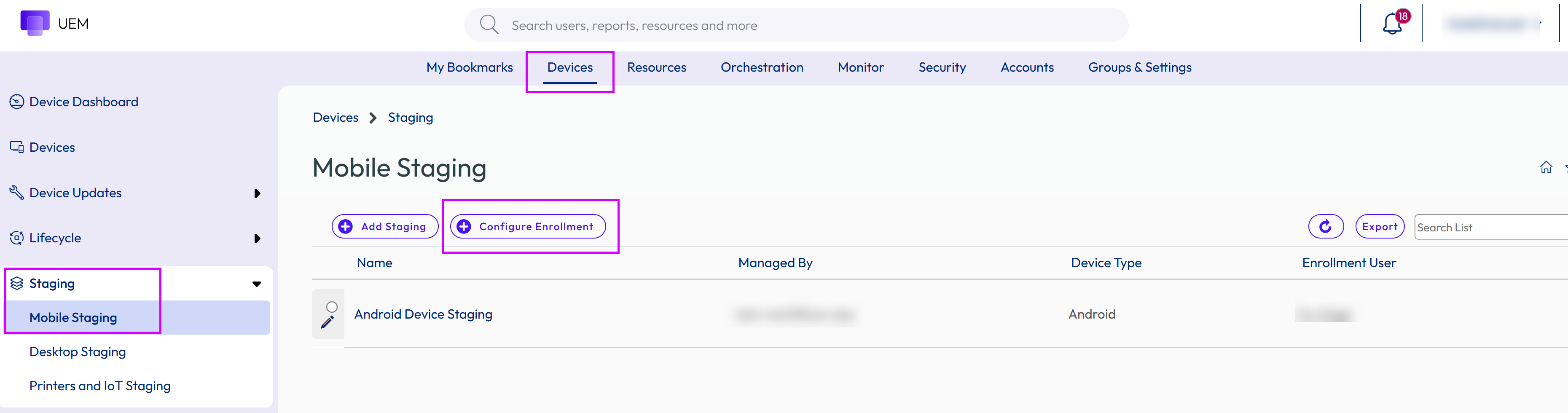This screenshot shows the Staging List View with the Configure Enrollment buton highlighted. This screenshot shows the Staging List View with the Configure Enrollment buton highlighted.