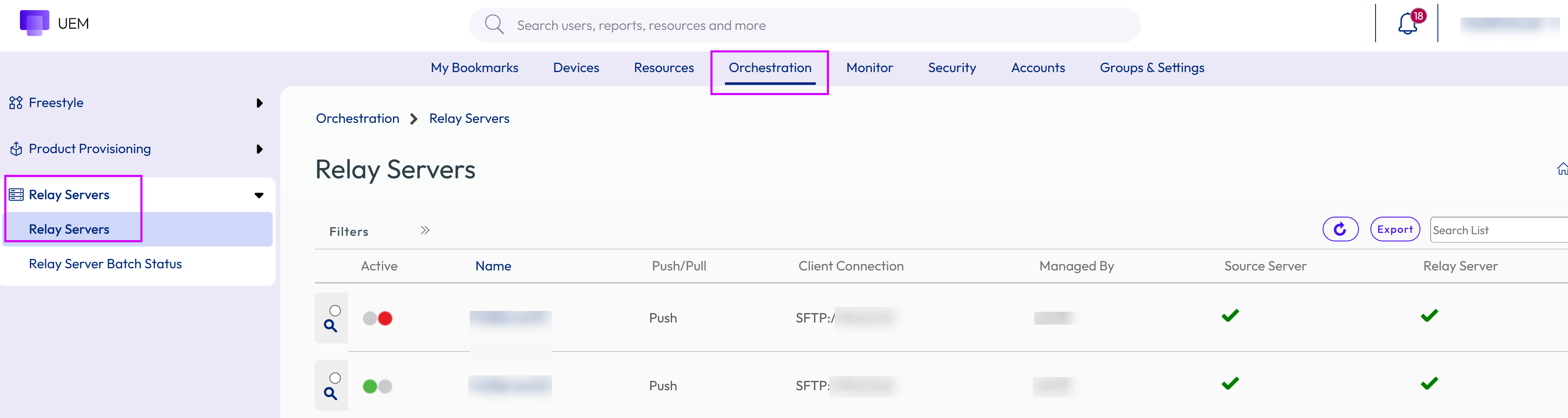 This screeshot shows the Relay Service List View.