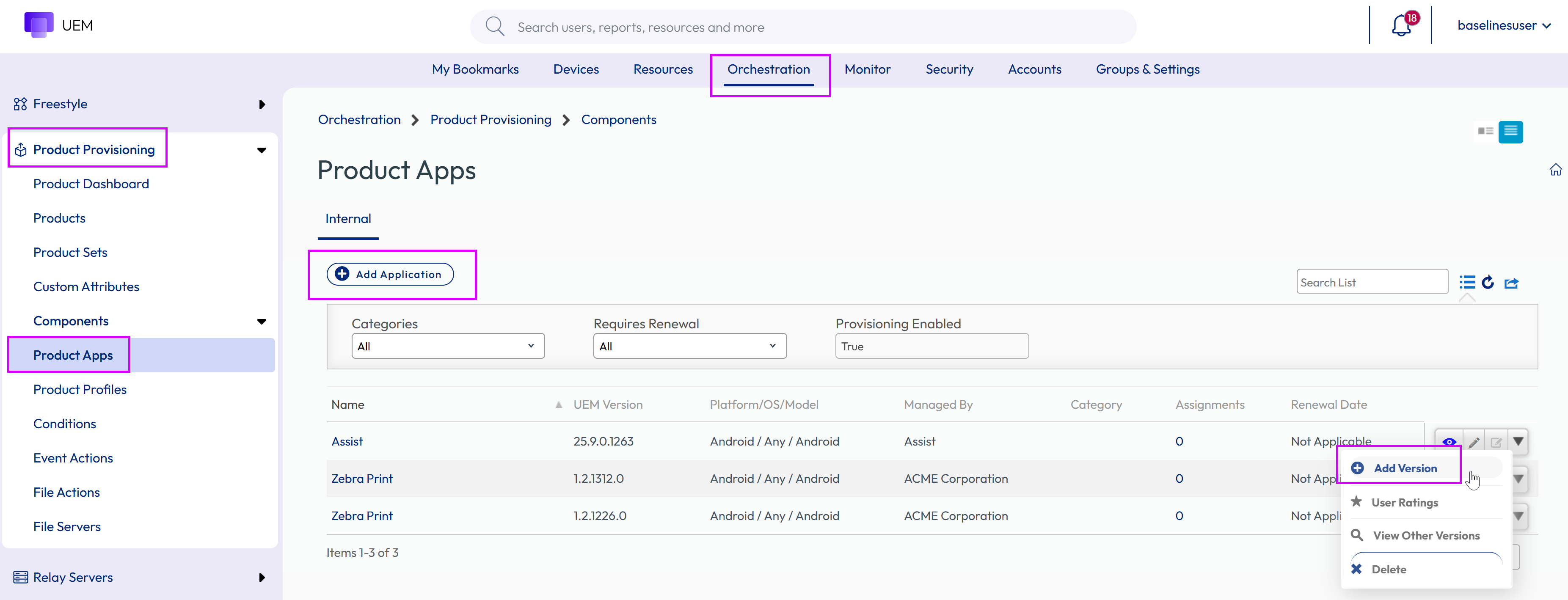 This screenshot shows the Applications Component screen and the click path you take to add a new version of an app. This screenshot shows the Applications Component screen and the click path you take to add a new version of an app.