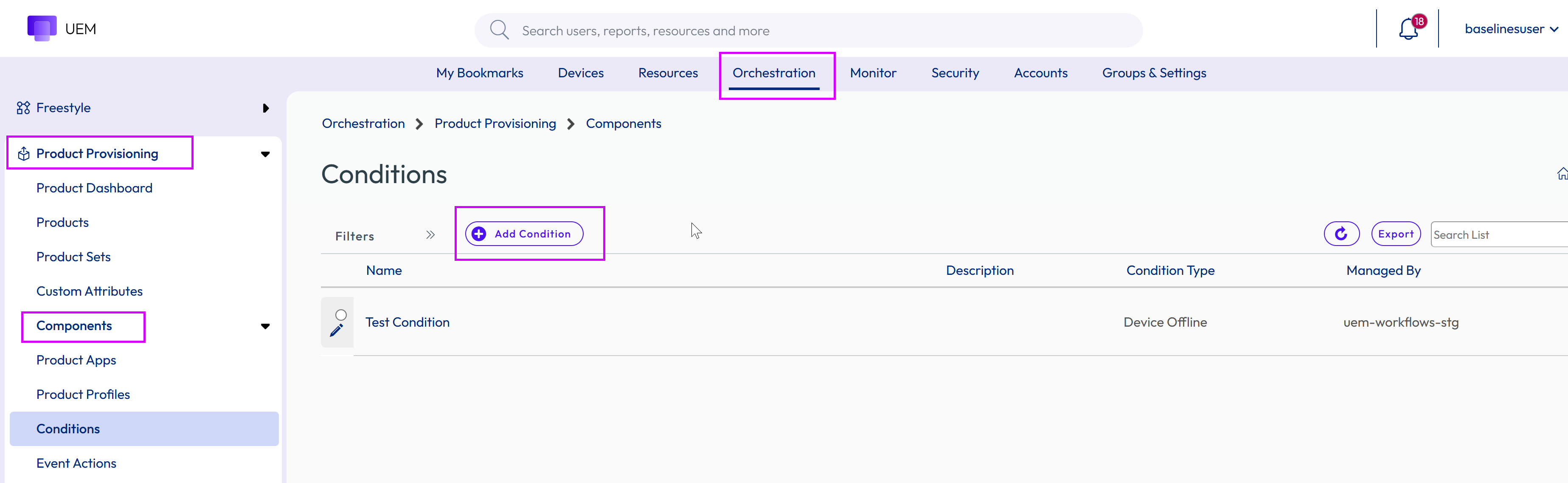 This screenshot shows the Conditions screen and the click path that takes you there. This screenshot shows the Conditions screen and the click path that takes you there.