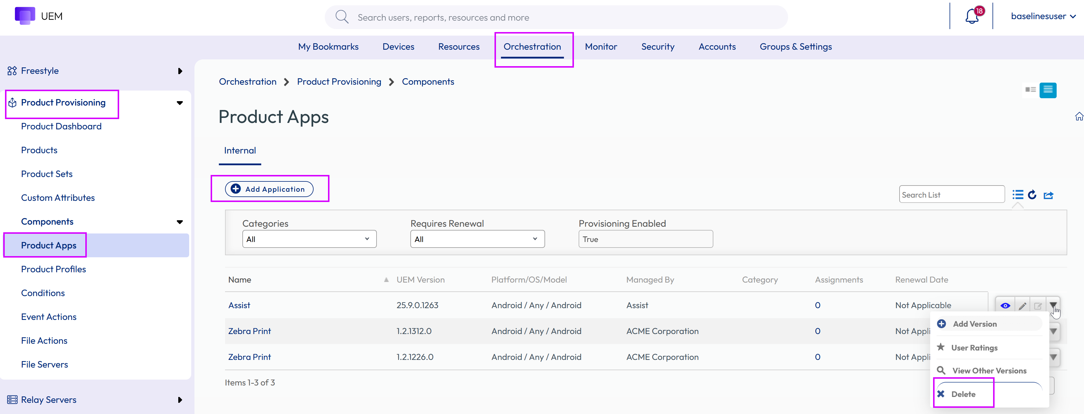 This screenshot shows the Applications Component screen and the click path you take to delet the old version of an app. This screenshot shows the Applications Component screen and the click path you take to delet the old version of an app.