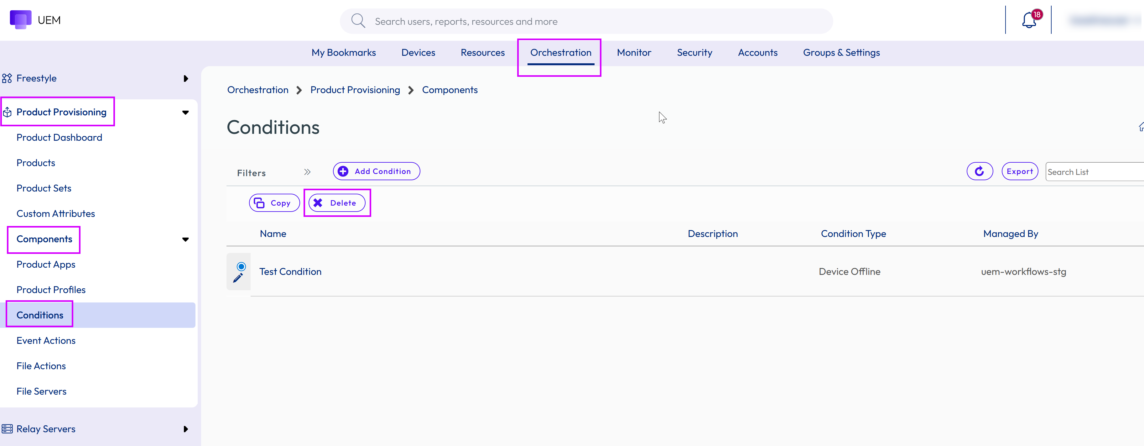 This screenshot shows the Conditions screen with the Delete button highlighted. This screenshot shows the Conditions screen with the Delete button highlighted.
