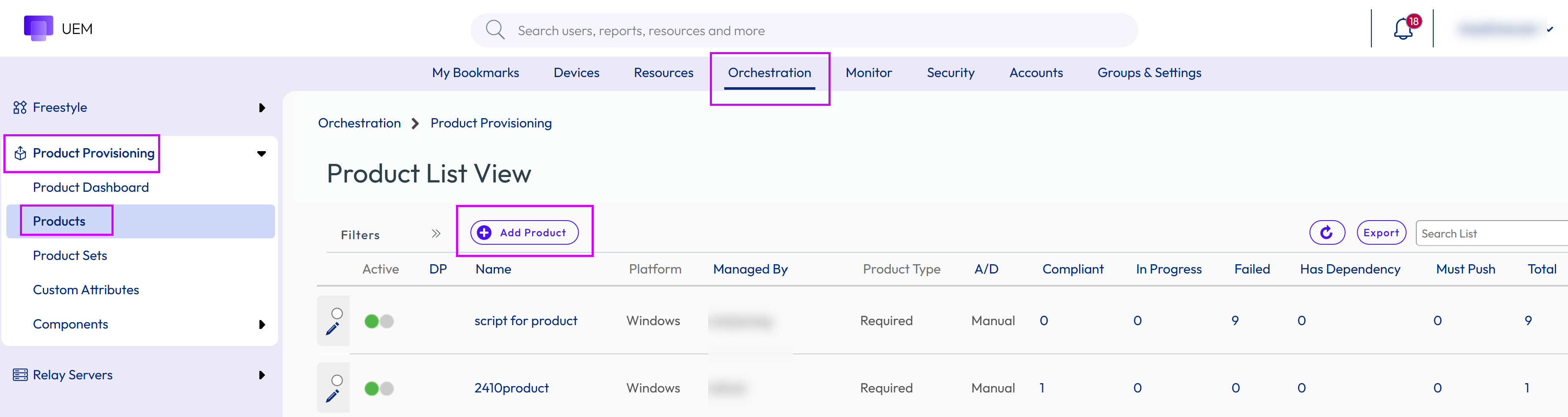 This screenshot shows the Product List View with the Add Product button highlighted.