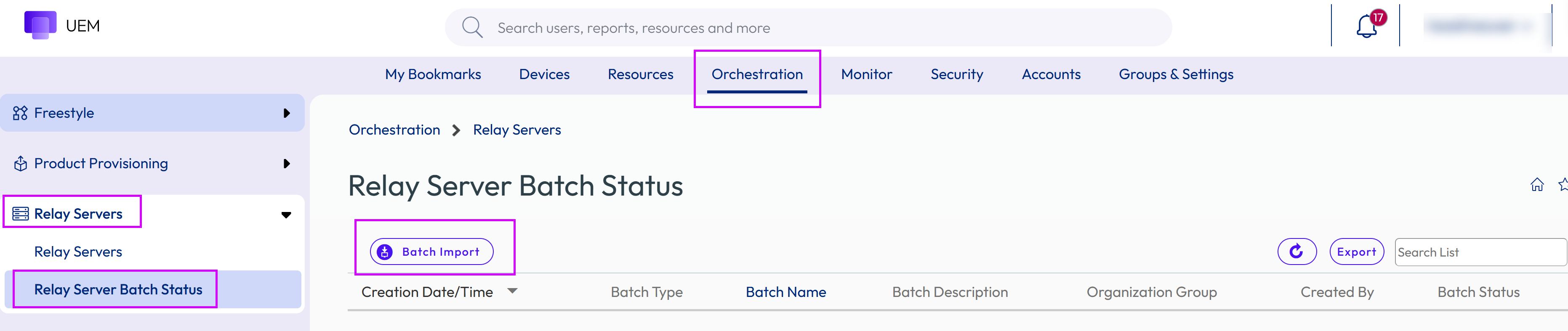 This screenshot shows the Batch Status screen and highlights the Batch Import button. This screenshot shows the Batch Status screen and highlights the Batch Import button.