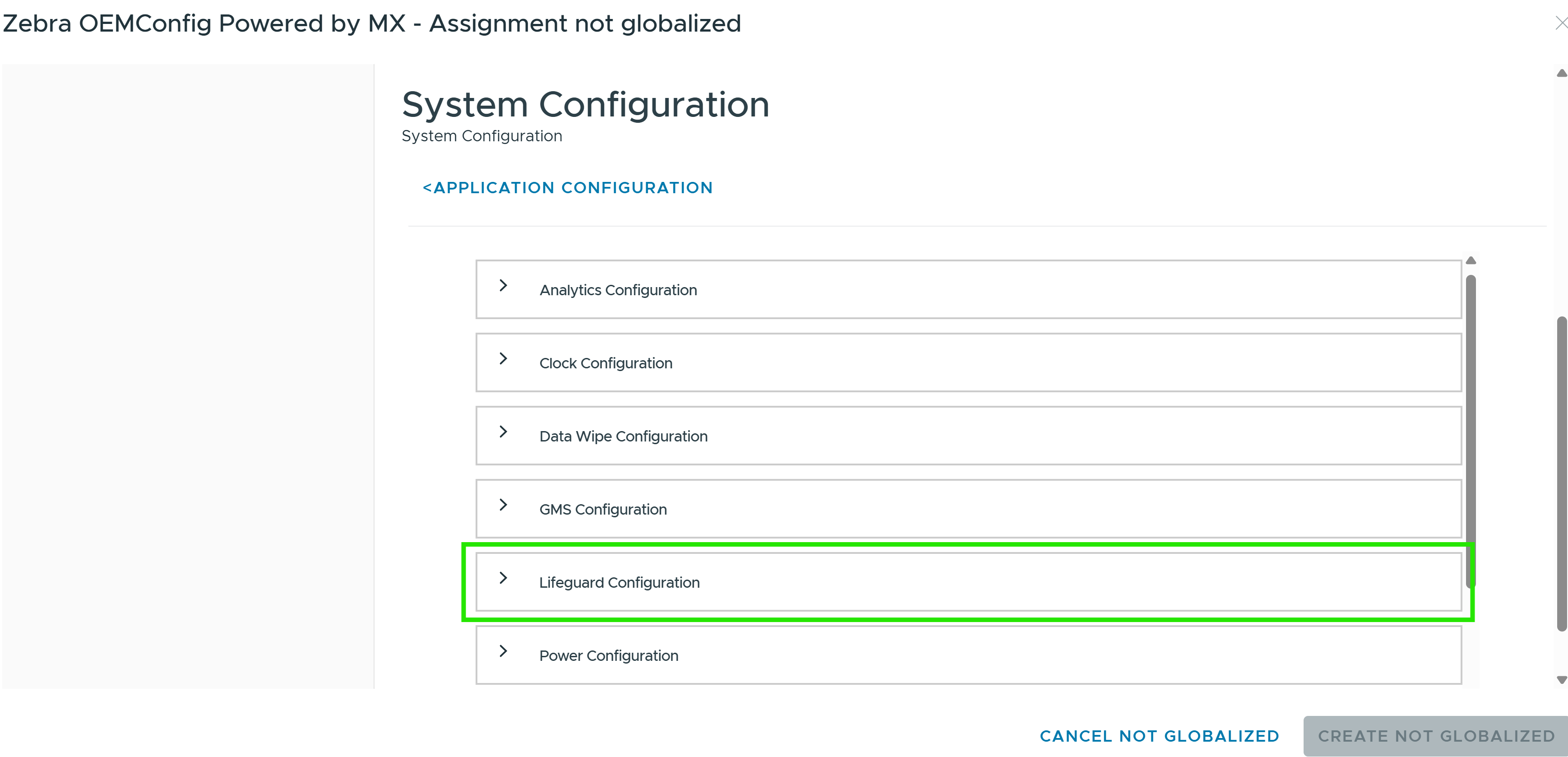 This screenshot shows the Zebra OEMConfig powered by MX assignment not globalized system configuration screen